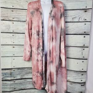 Maurices Pink Gray Tie Dye Long Drape Cardigan Open Front Lightweight L